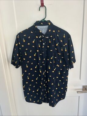 Banana Republic Navy Short-Sleeve Slim-Fit Button-Down with Pineapple Print